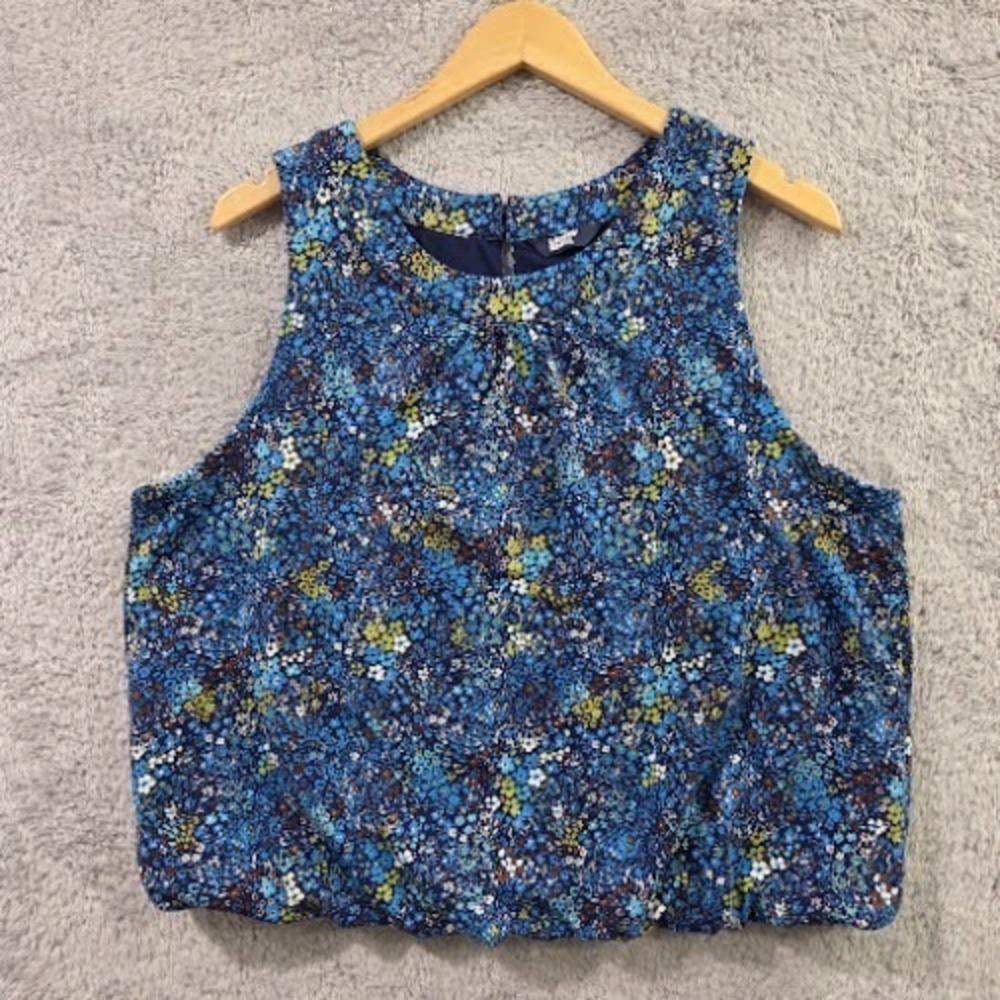 Lands' End Blouse Women's Large 14-16 Blue Floral Sleeveless Bubble Hem Cotton